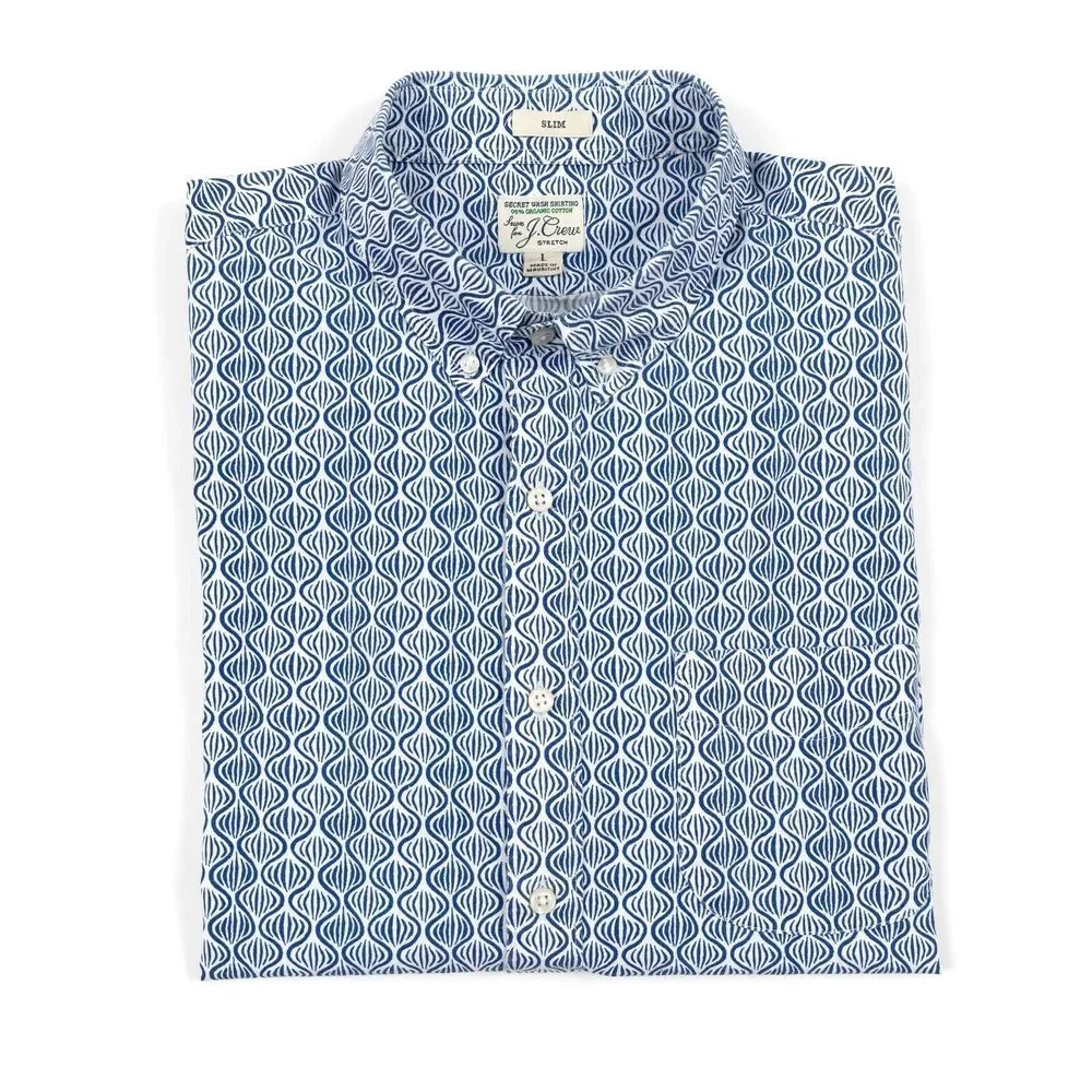 J Crew‎ Shirt Mens Large Slim Stretch All Over Geometric Blue White Button Down